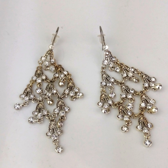 Rhinestone Chandelier Fringe Silver-Tone With Golden Hue Drop Earrings - Picture 10 of 11